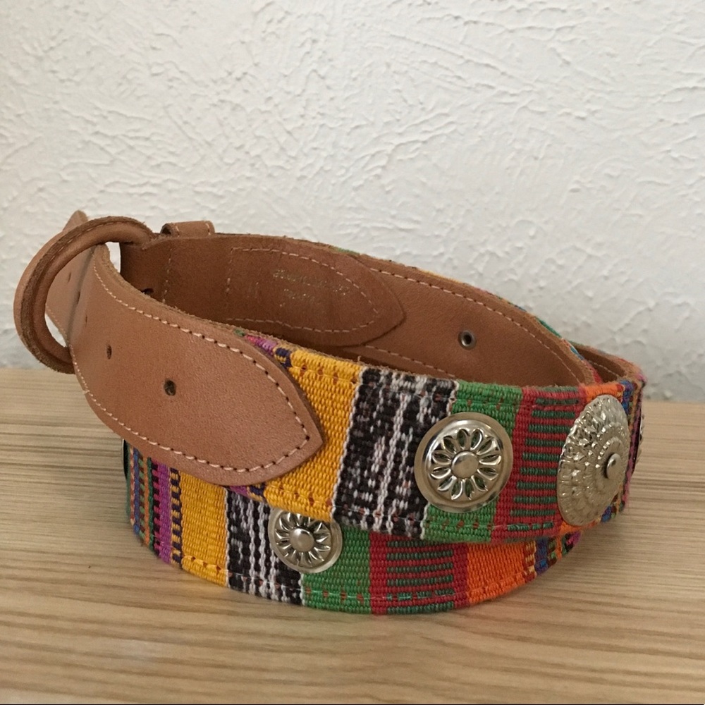 Leather Aztec Pattern Belt W/Silver Embellishments